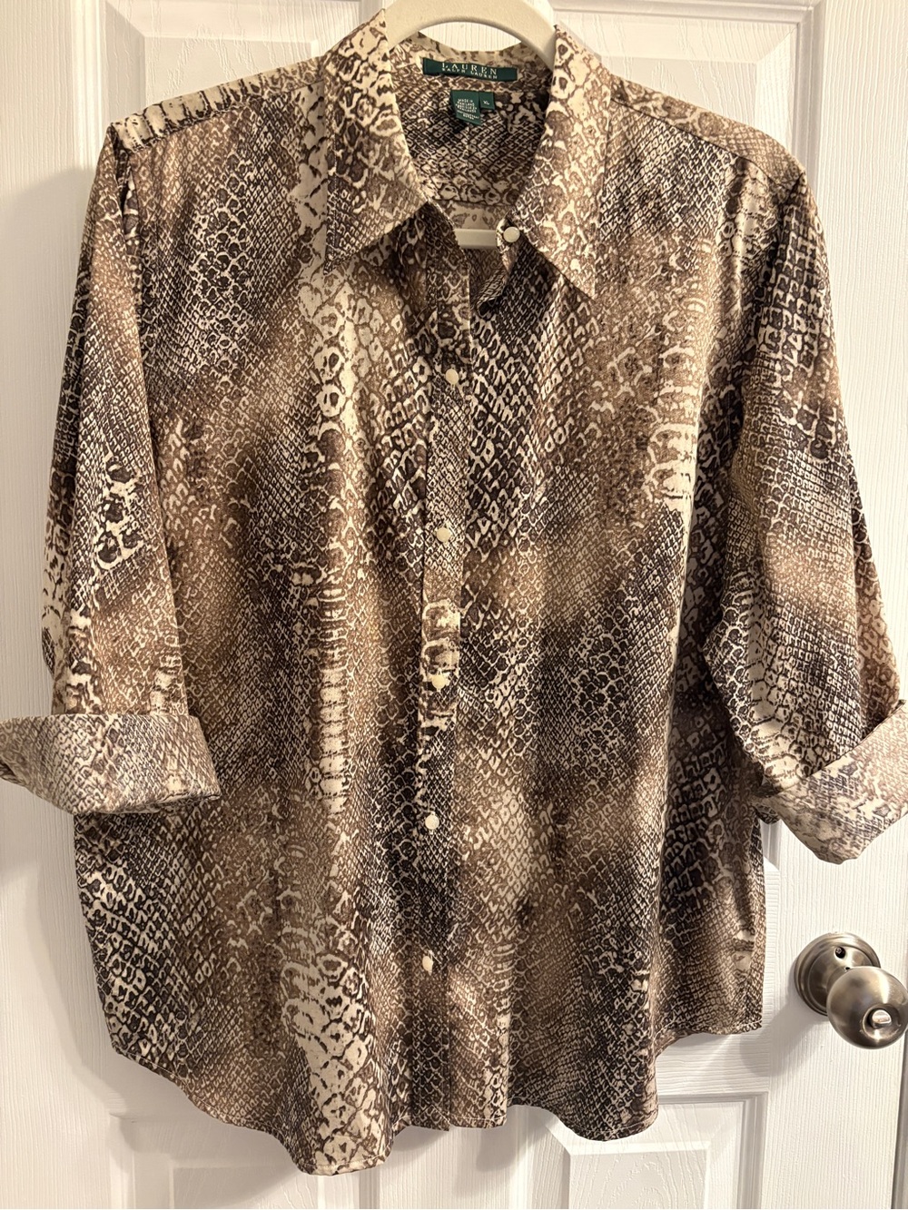 Lauren Ralph Lauren Brown and Cream Snake-Print Button-Down Shirt #0340